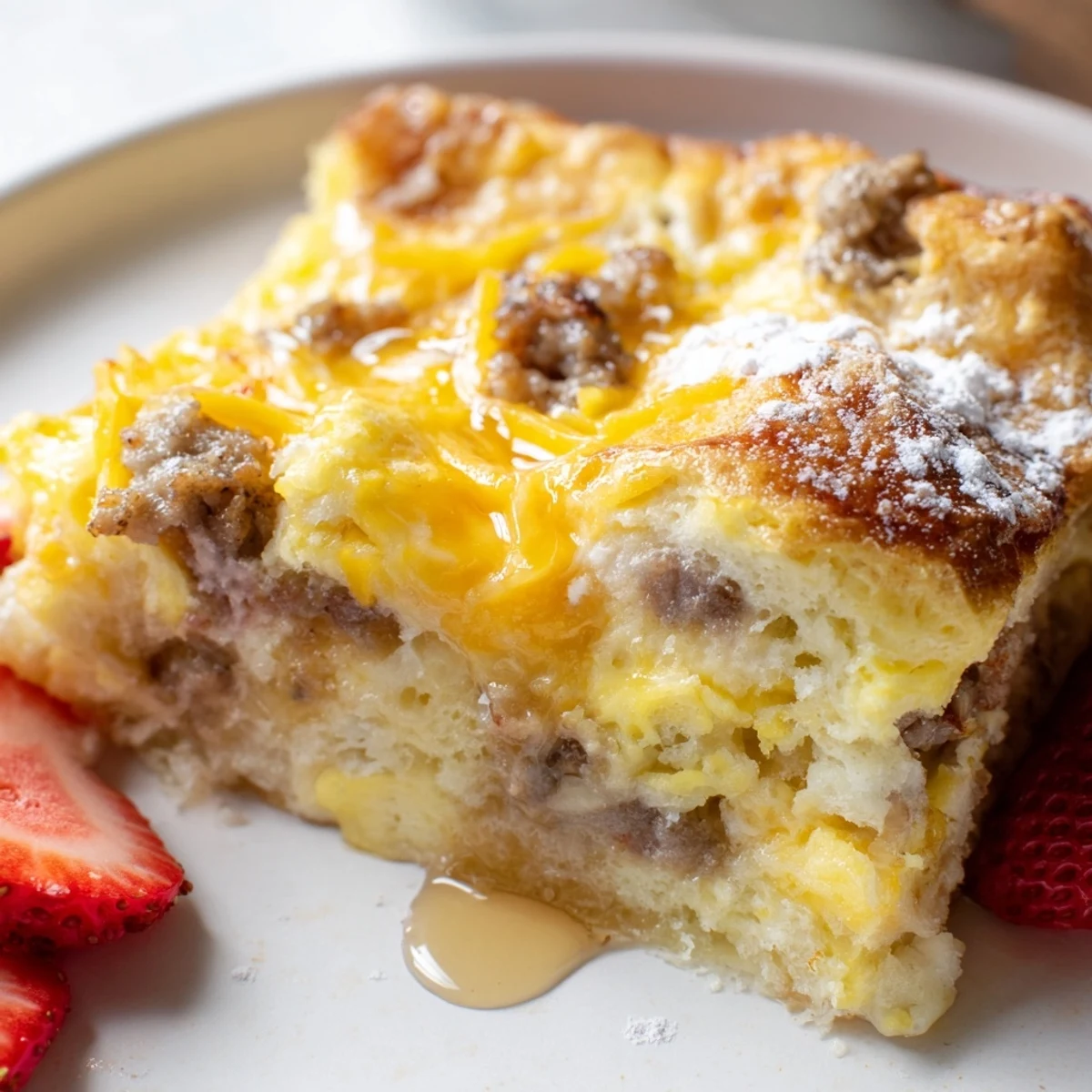 Overnight Pancake Breakfast Bake sliced into squares topped with powdered sugar and fresh berries