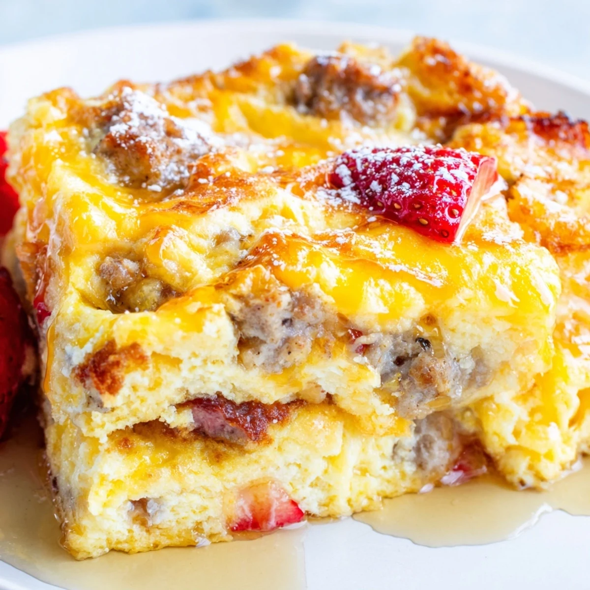 Puffed Overnight Pancake Breakfast Bake in a baking dish garnished with strawberries and syrup