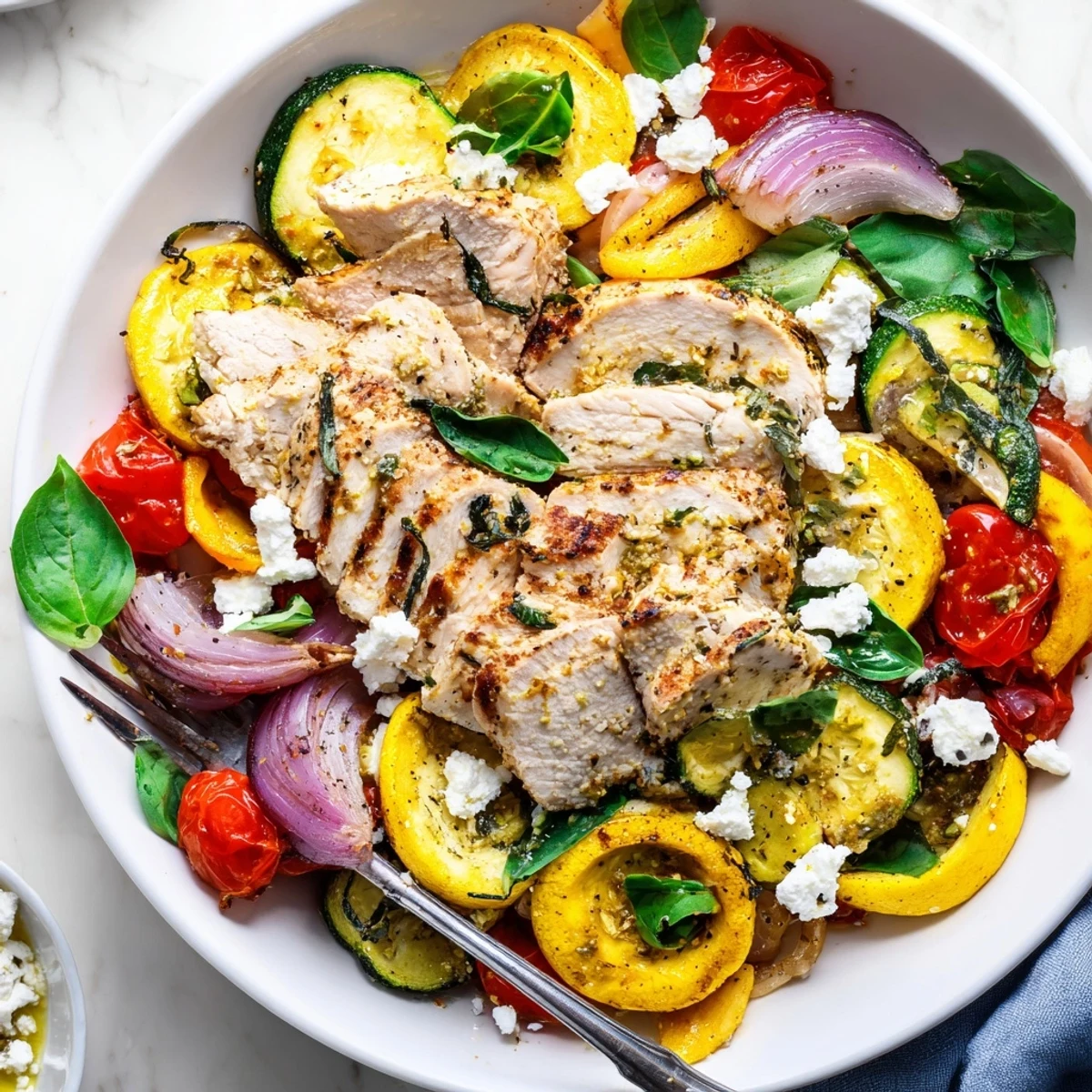 Golden summer chicken bake with roasted peppers, tomatoes, and melted feta cheese