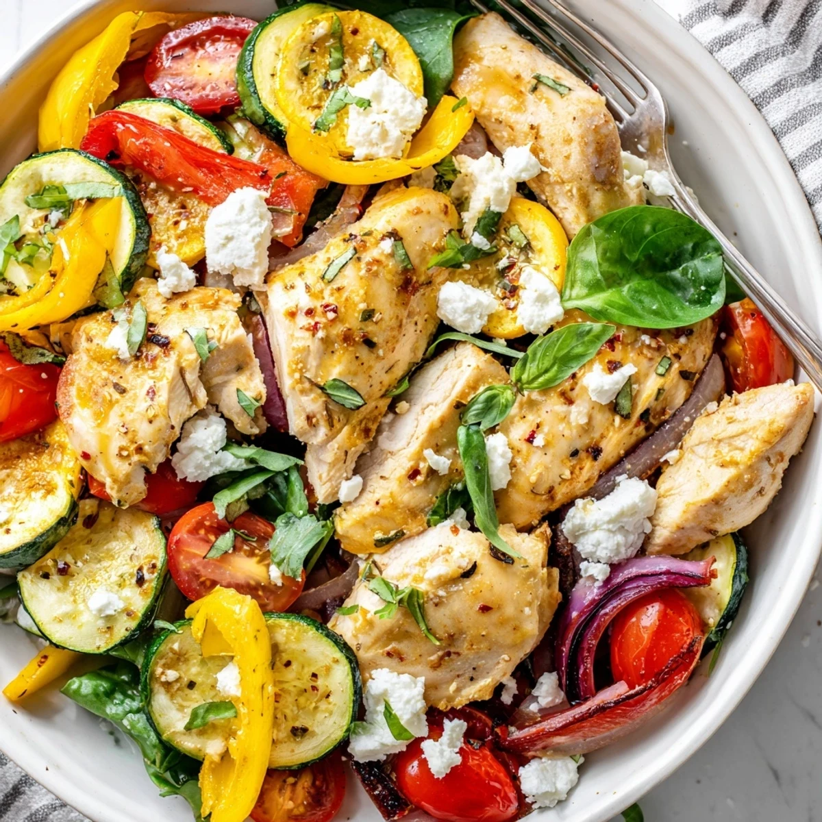 Juicy summer chicken bake topped with vibrant vegetables and crumbled feta garnish