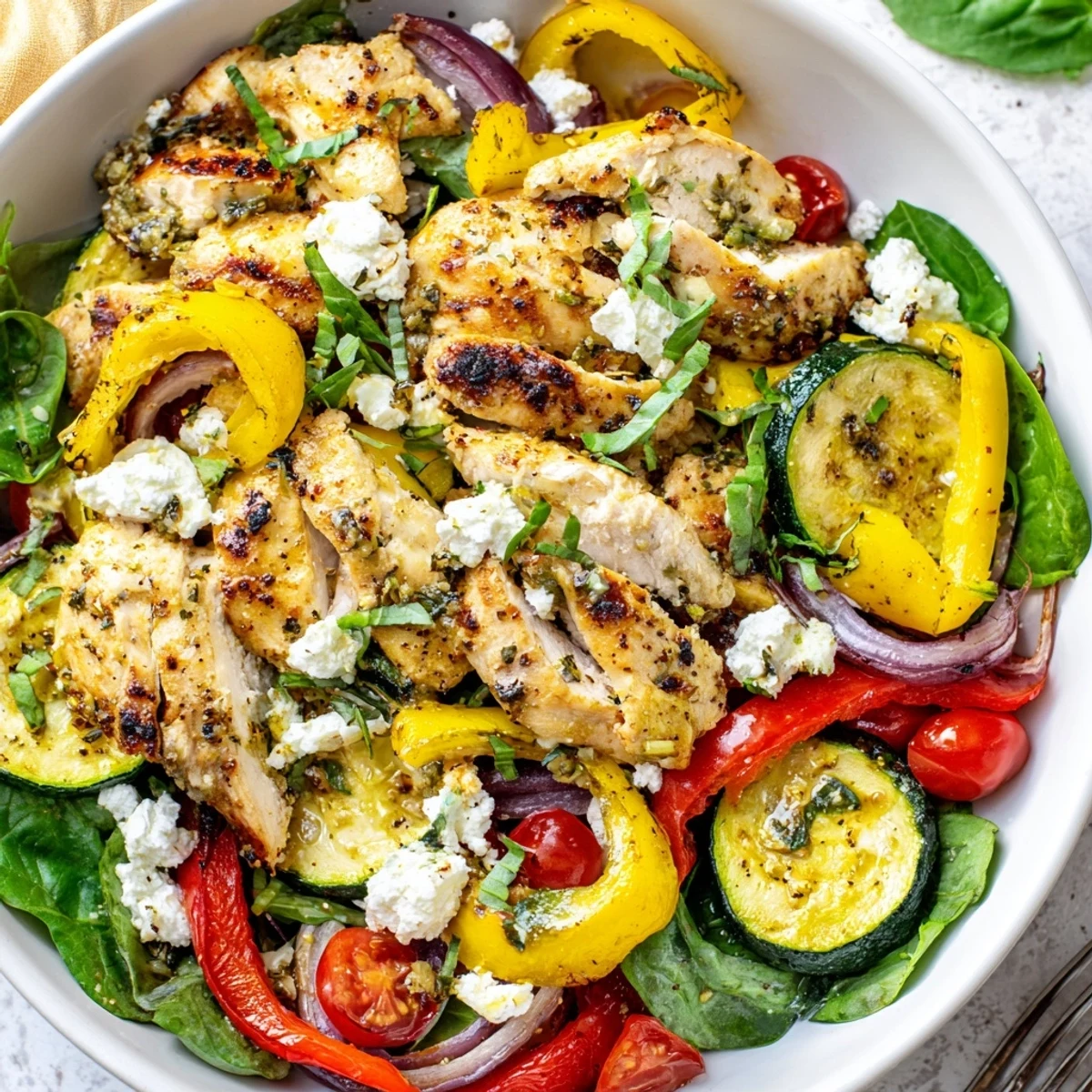 Tender summer chicken bake served on a rustic dish with fresh basil leaves