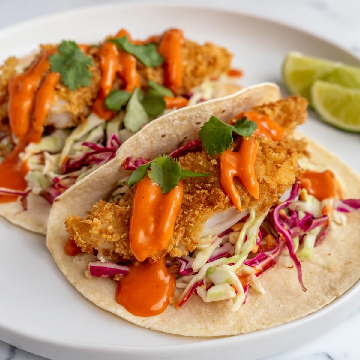 Golden crispy bang bang fish tacos topped with creamy lime slaw and spicy sauce