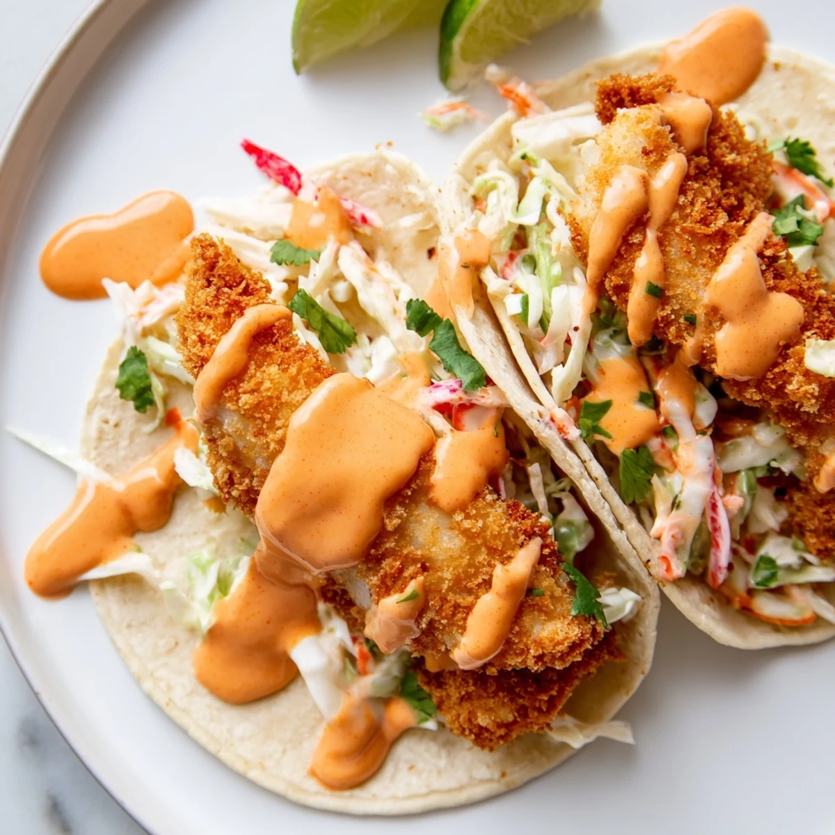Crispy battered fish nestled in warm tortillas with tangy cabbage slaw and zesty drizzle
