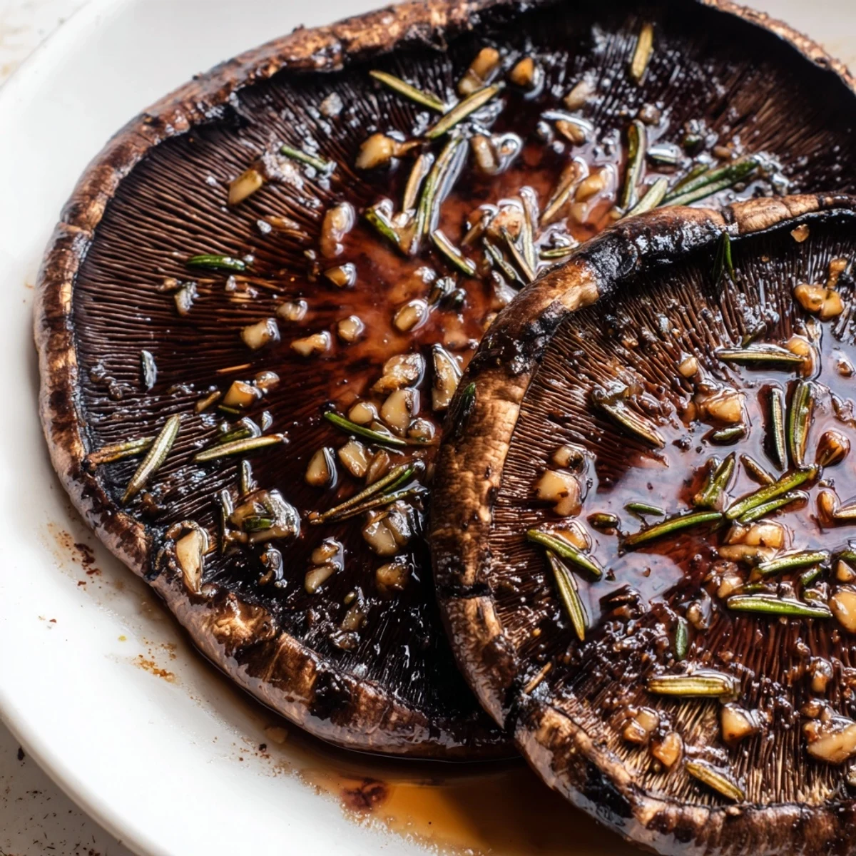 Juicy grilled Portobello steaks with charred edges drizzled in tangy balsamic marinade on a rustic plate