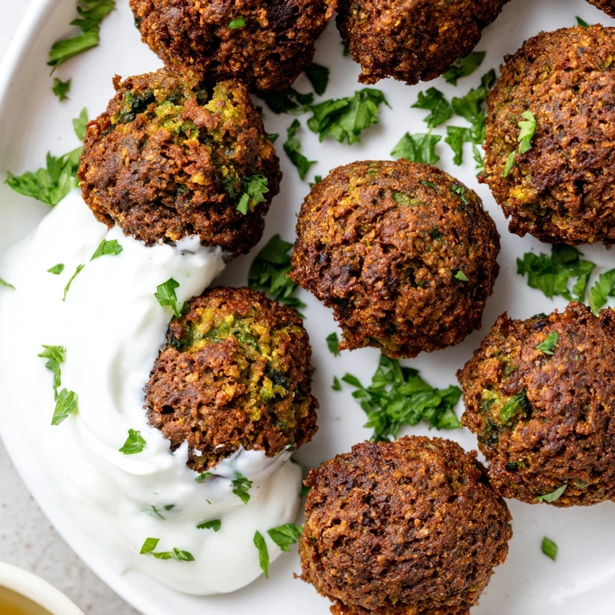 Golden crispy herb falafel bites arranged on a plate with creamy garlic yogurt dipping sauce.