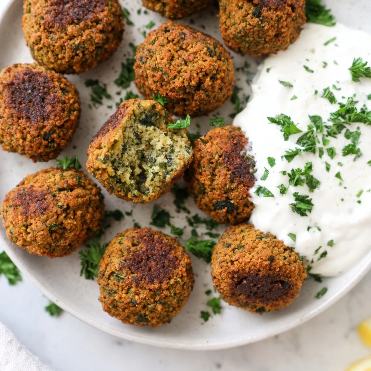 Crunchy herb falafel bites served warm alongside a cool, tangy garlic yogurt sauce.