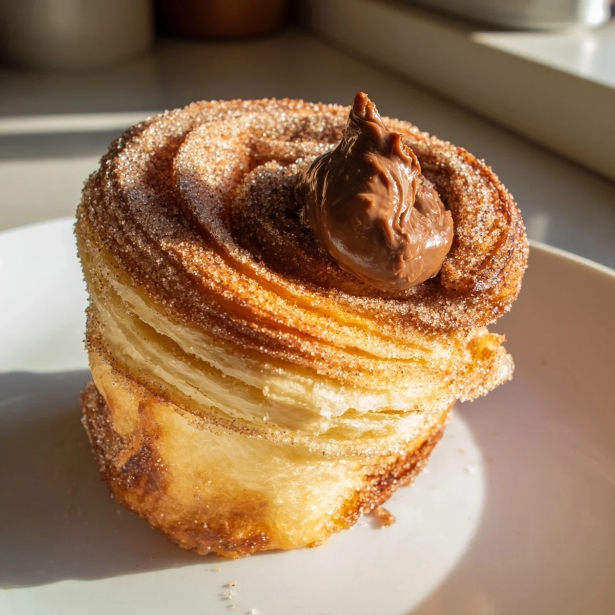Golden cruffins with flaky spiral layers fresh from the muffin tin