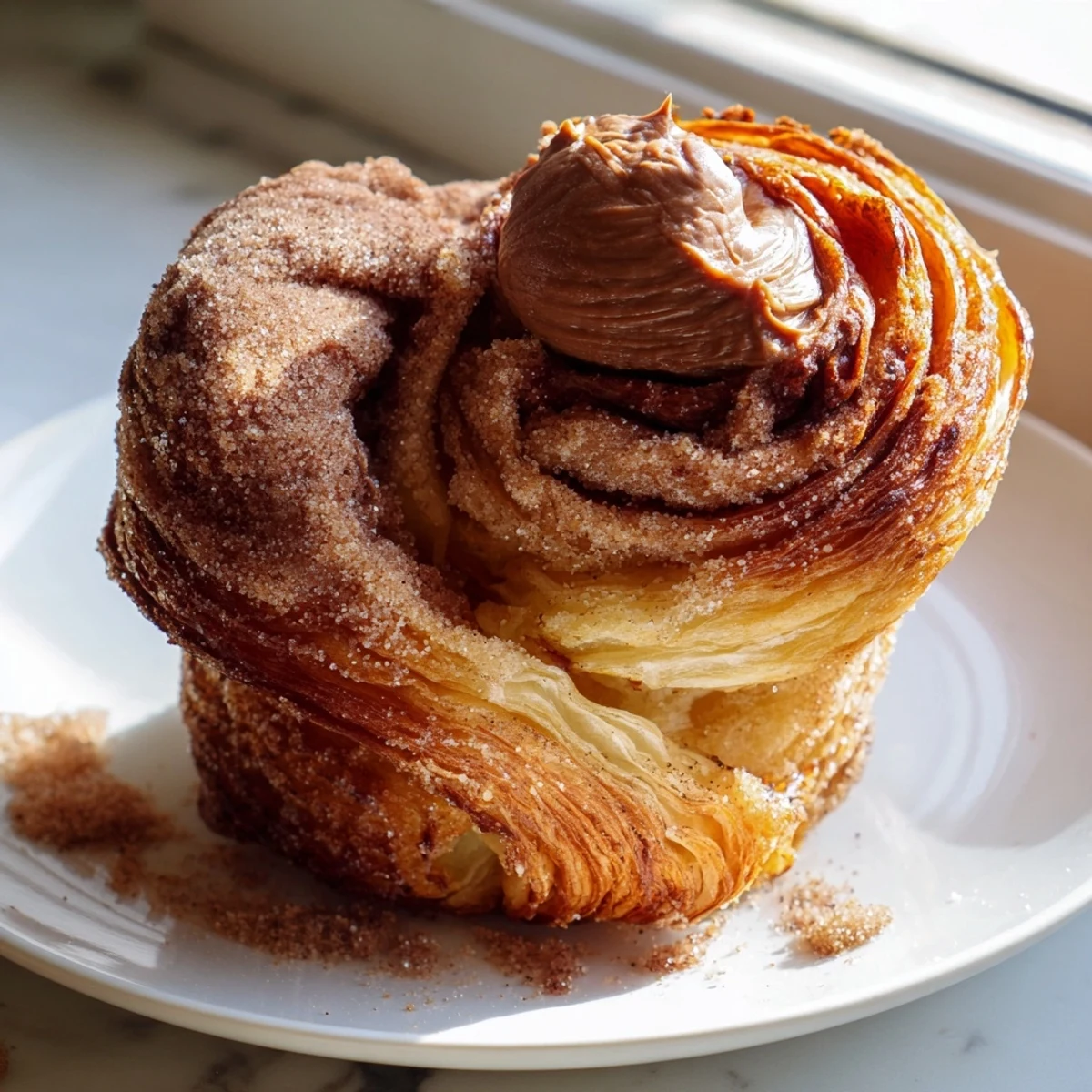 Cruffins dusted in cinnamon sugar revealing buttery croissant-style pastry inside