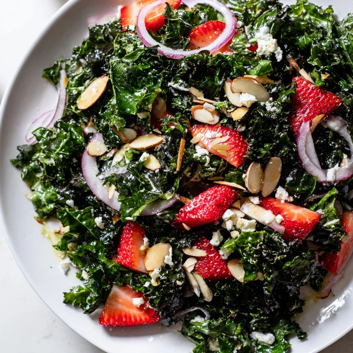 Fresh strawberry kale salad with honey lemon dressing topped with feta and almonds