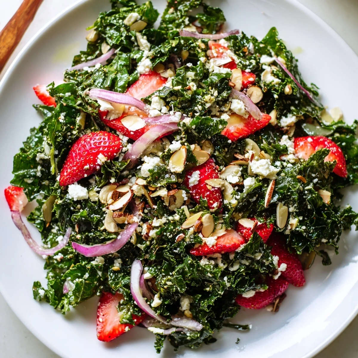 Crisp green kale tossed with juicy red strawberries drizzled in honey lemon dressing