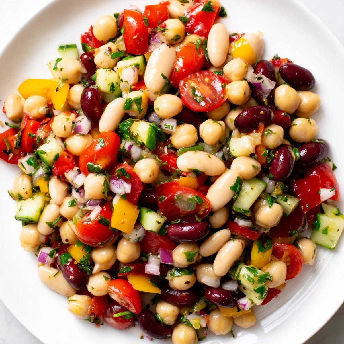 Italian bean salad garnished with fresh parsley and served in a rustic bowl