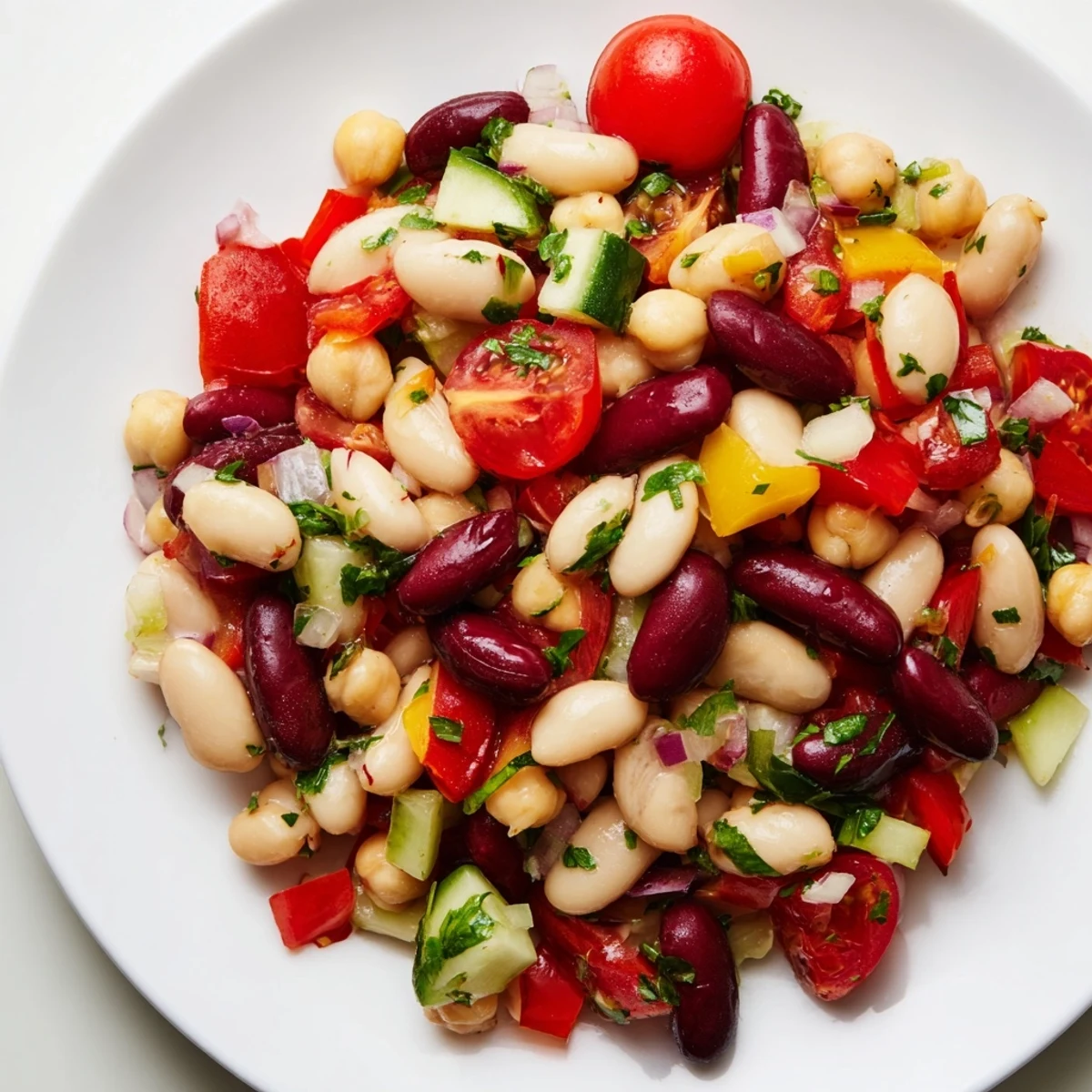 Vibrant Italian bean salad tossed with juicy tomatoes, crunchy cucumber, and zesty dressing