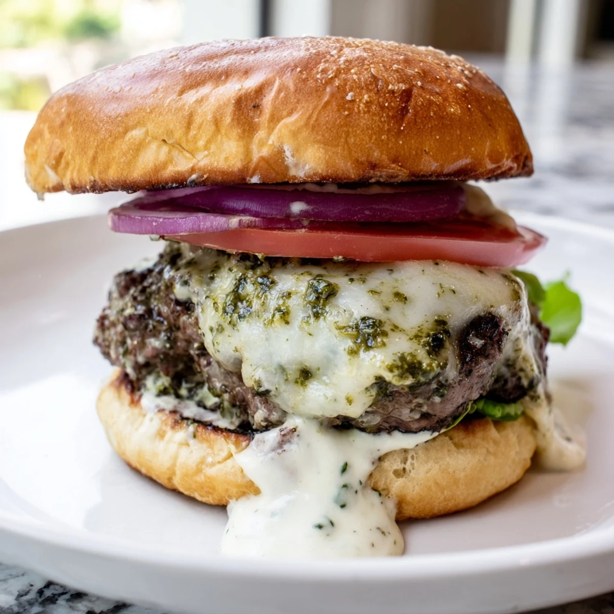 Juicy pesto garlic burgers with melted cheese on golden toasted buns