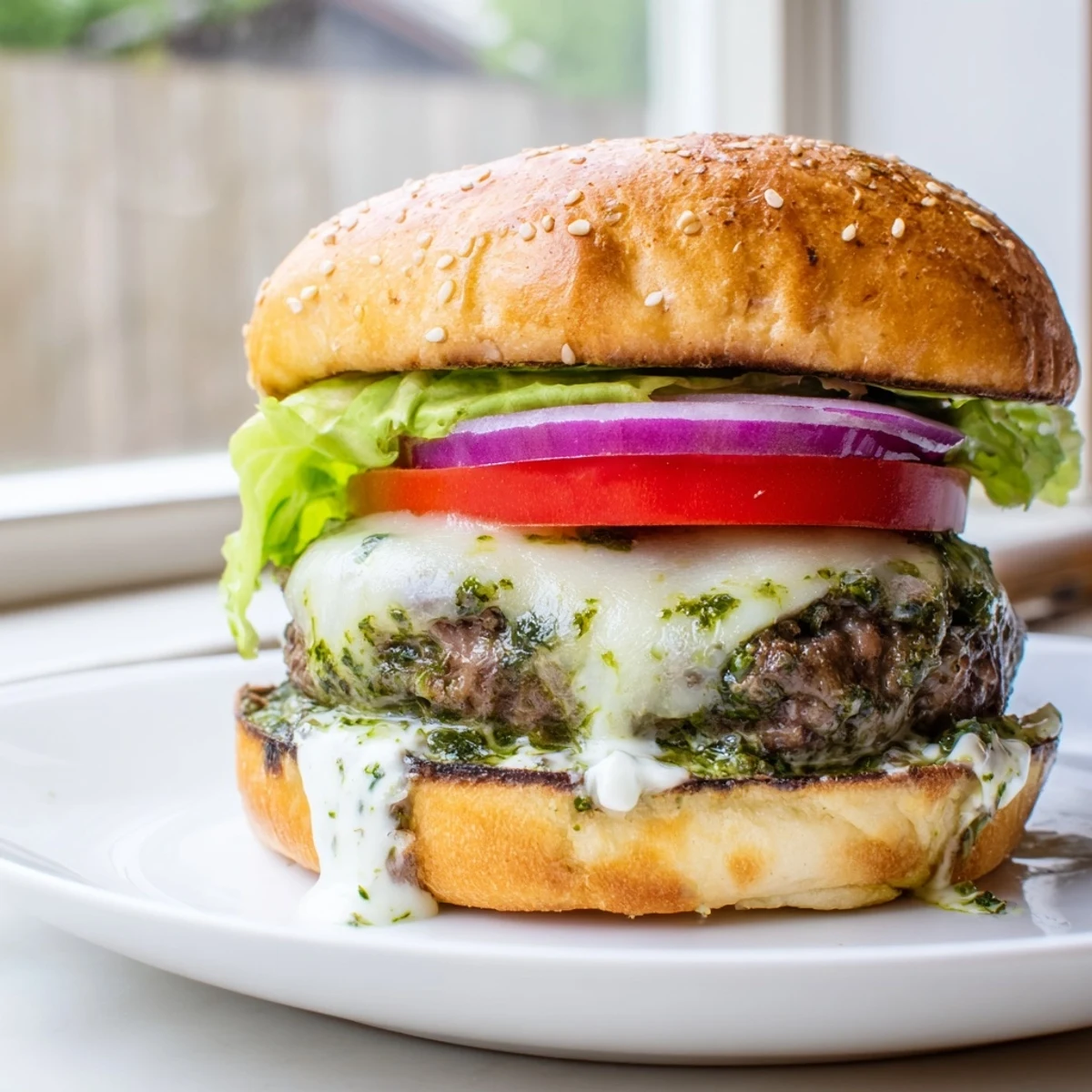 Cheesy pesto garlic burgers stacked with tomato onion and a pillowy bun