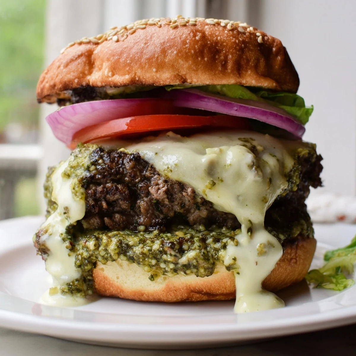 Basil pesto garlic burgers drizzled with creamy garlic mayo and fresh lettuce