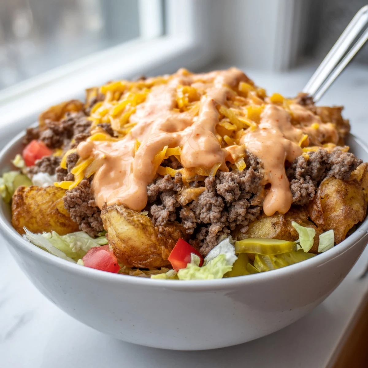 Loaded smash burger bowls with crispy golden potatoes and creamy special sauce