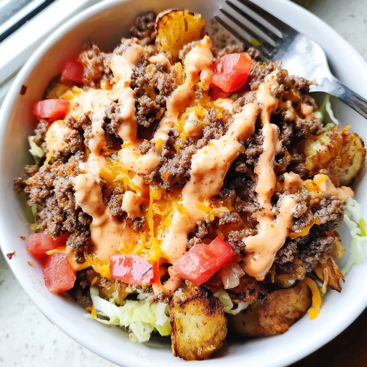 Loaded smash burger bowls topped with fresh lettuce, pickles, and tangy sauce