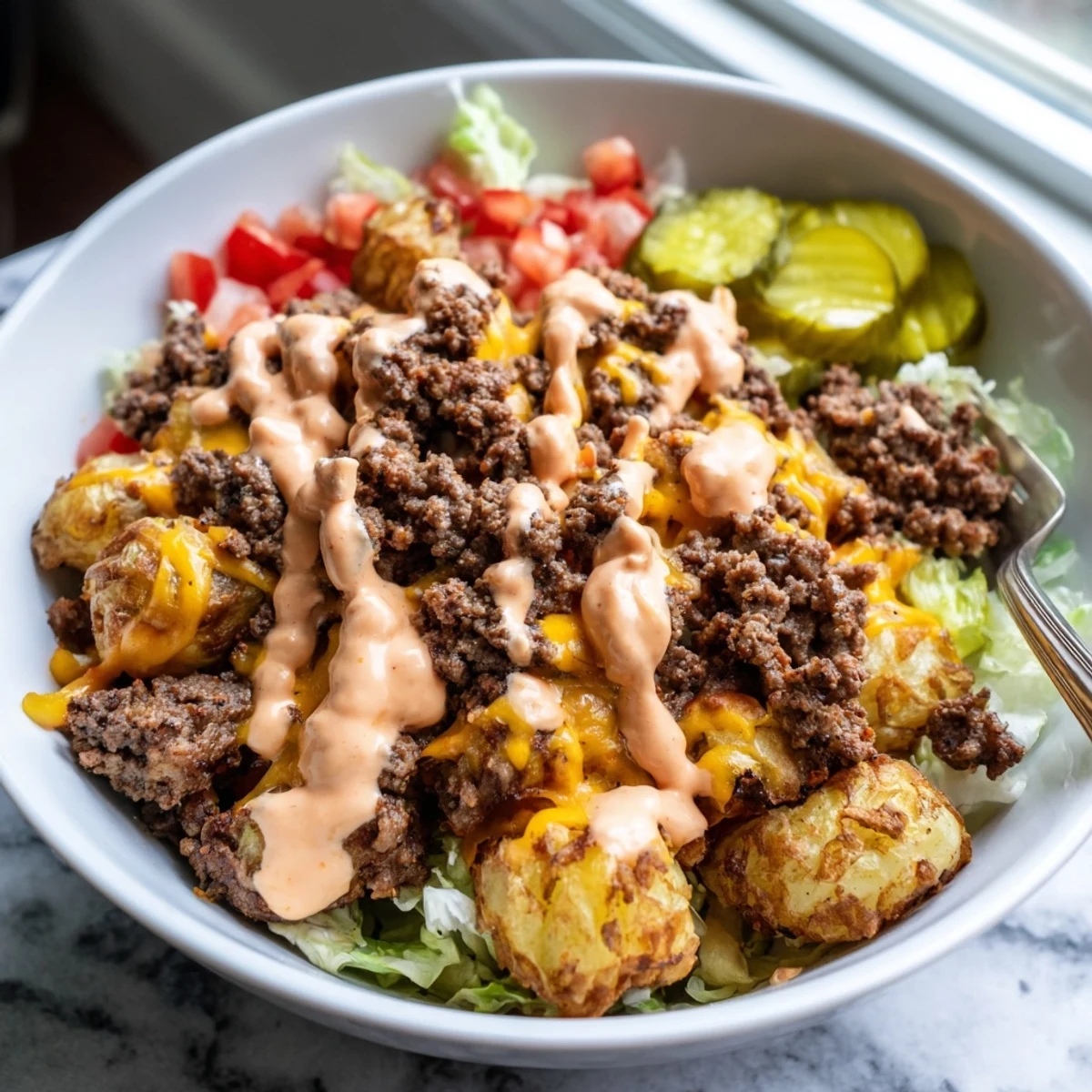 Juicy seasoned beef crumbled over loaded smash burger bowls with melted cheddar