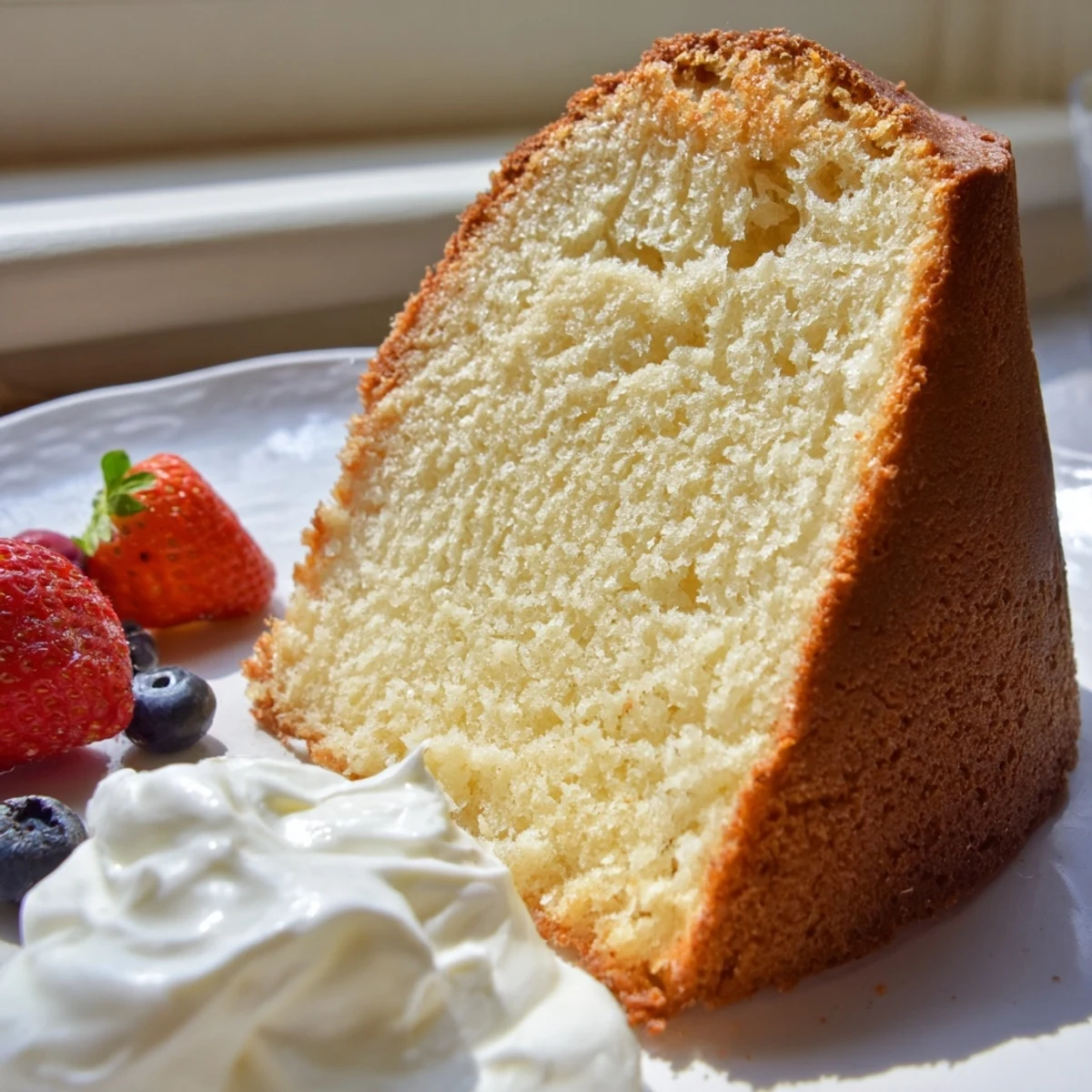 Golden pound cake slice with a tender crumb on a rustic white plate