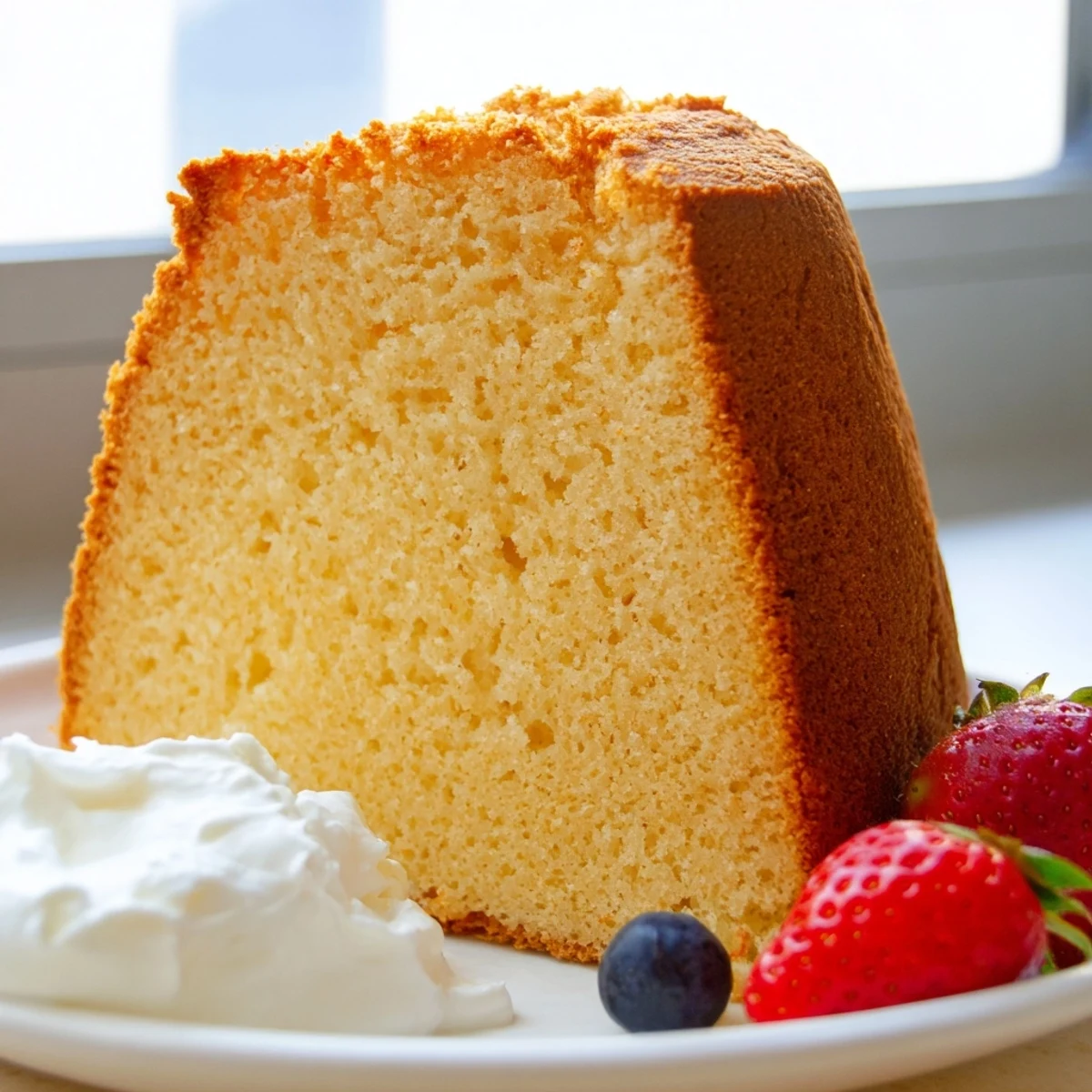 Thick slice of homemade pound cake served with fresh berries and cream