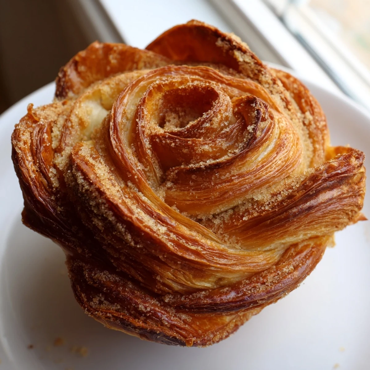 Warm cruffins dusted with cinnamon sugar showing buttery spiral pastry layers