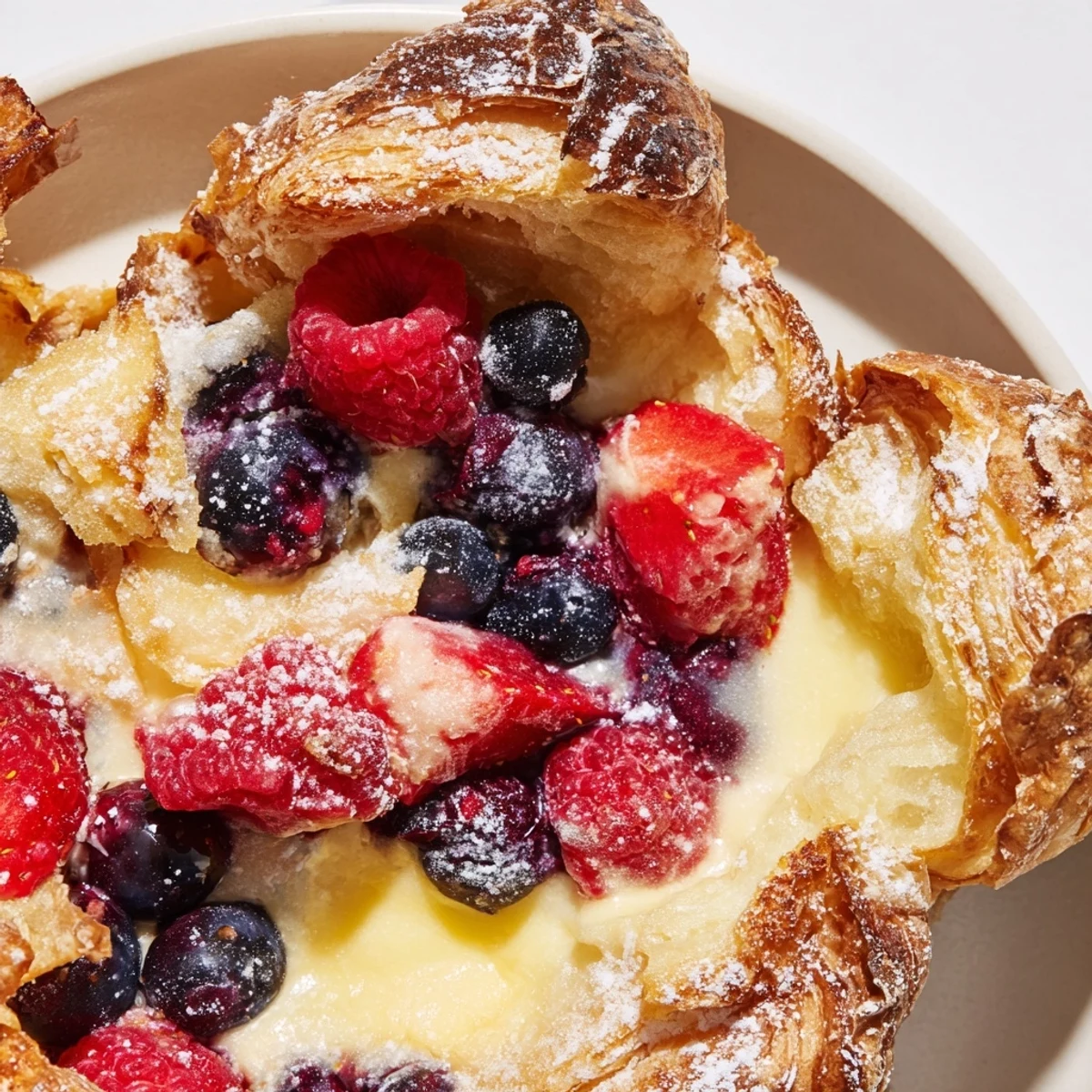 Golden berry croissant bake topped with powdered sugar and fresh raspberries on a rustic plate