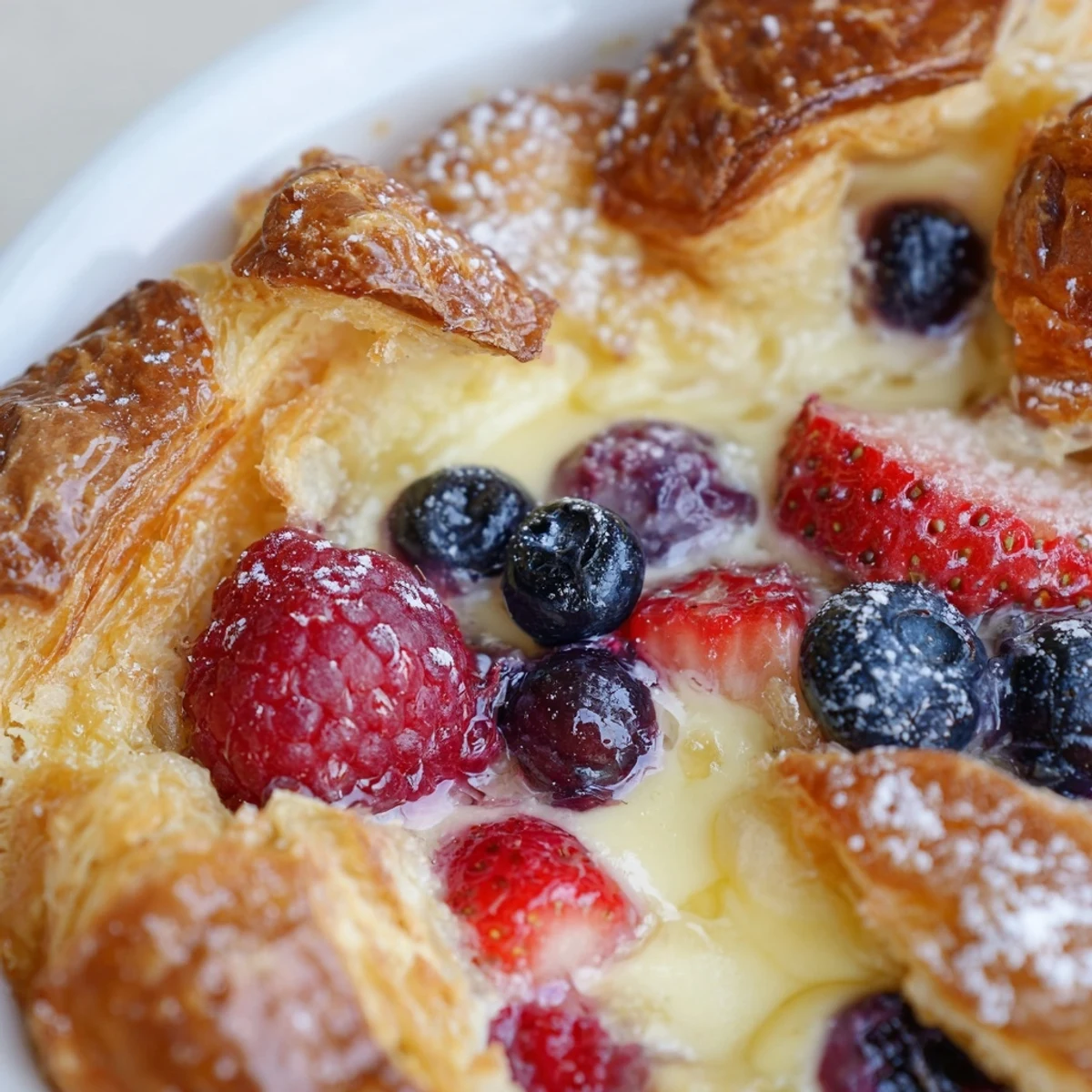 Warm berry croissant bake with custard-soaked pastry and juicy blueberries in a baking dish