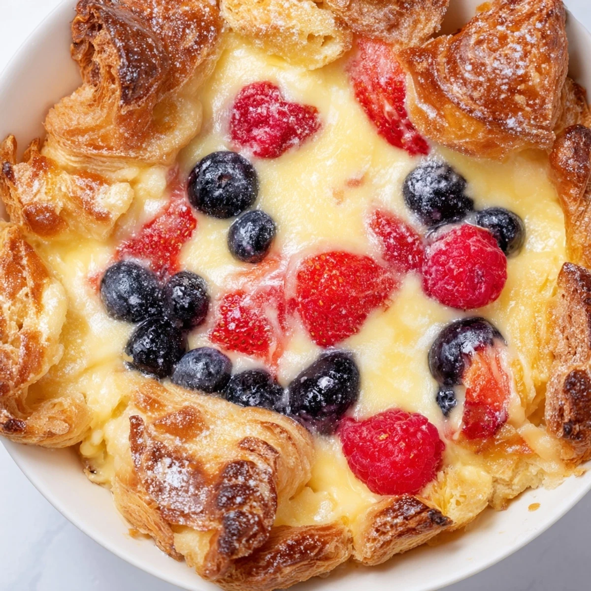 Berry croissant bake fresh from the oven with a crispy golden crust and mixed berries
