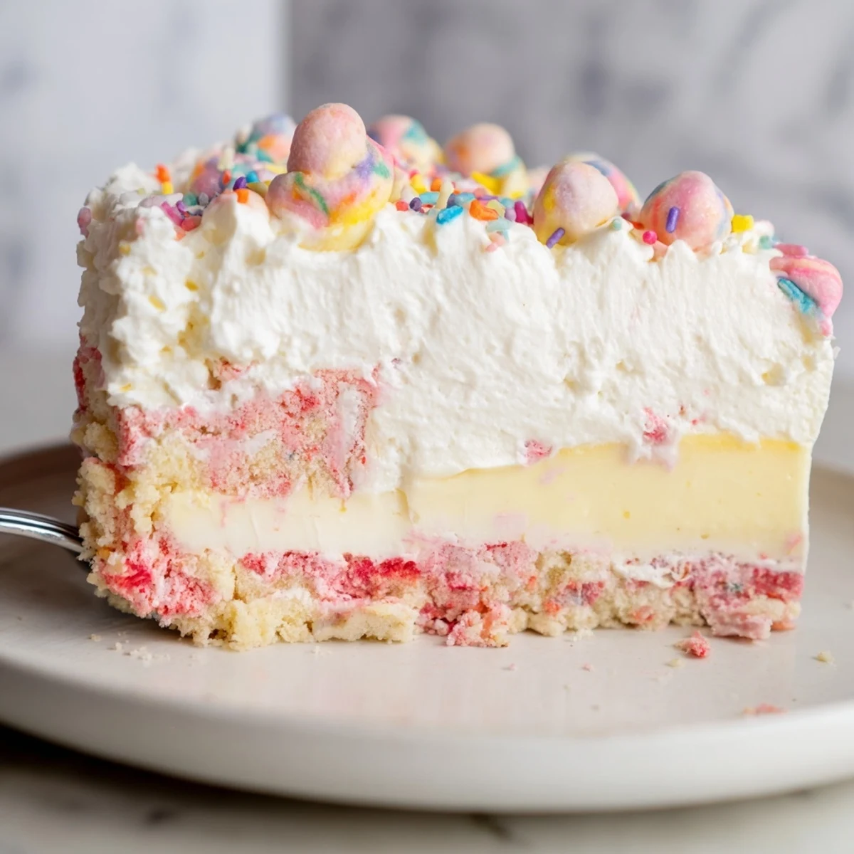 Circus Animal Cookie Lush layered dessert with creamy pudding, whipped topping, and frosted cookies on top