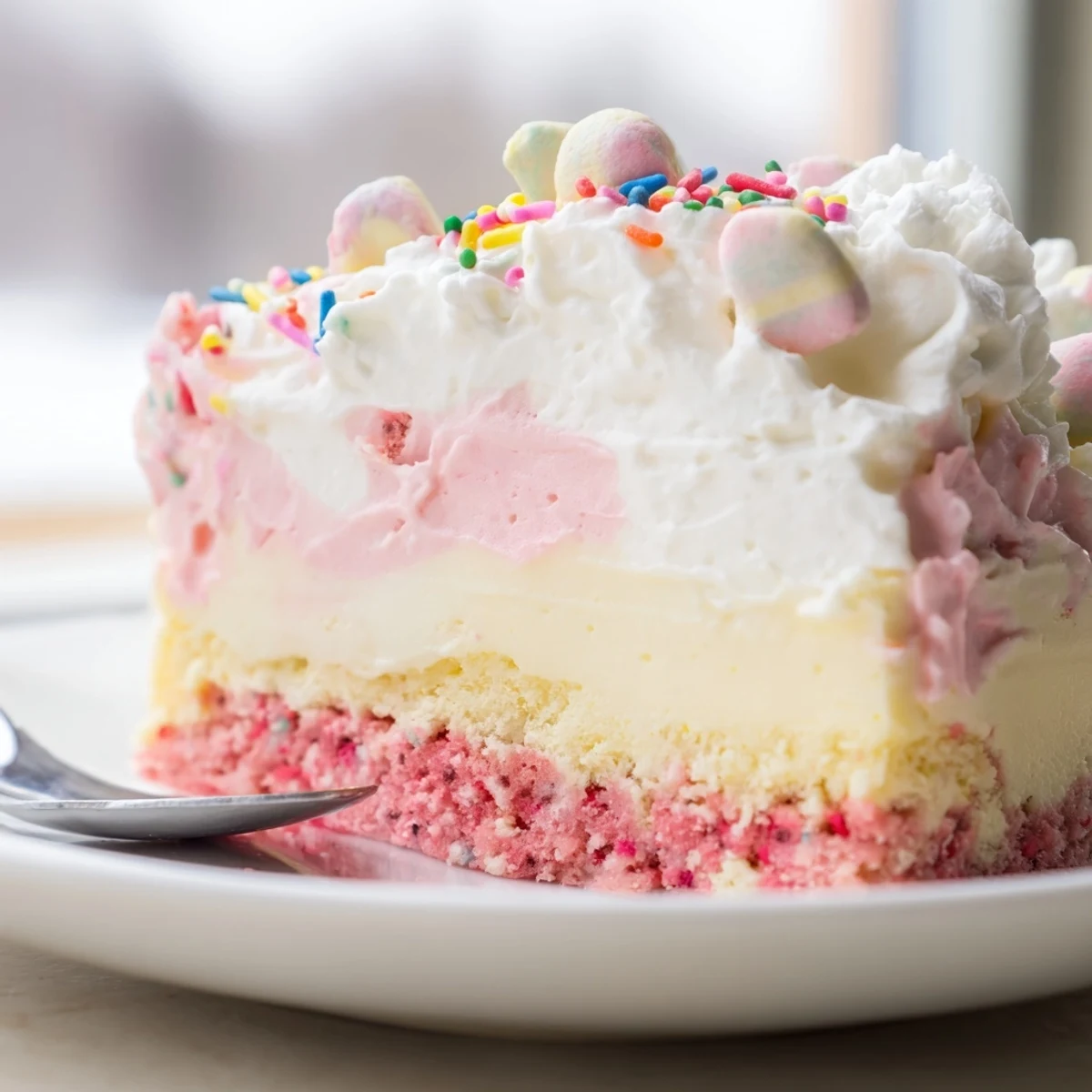 Colorful circus animal cookie lush sliced into squares revealing creamy pudding and cookie crust layers
