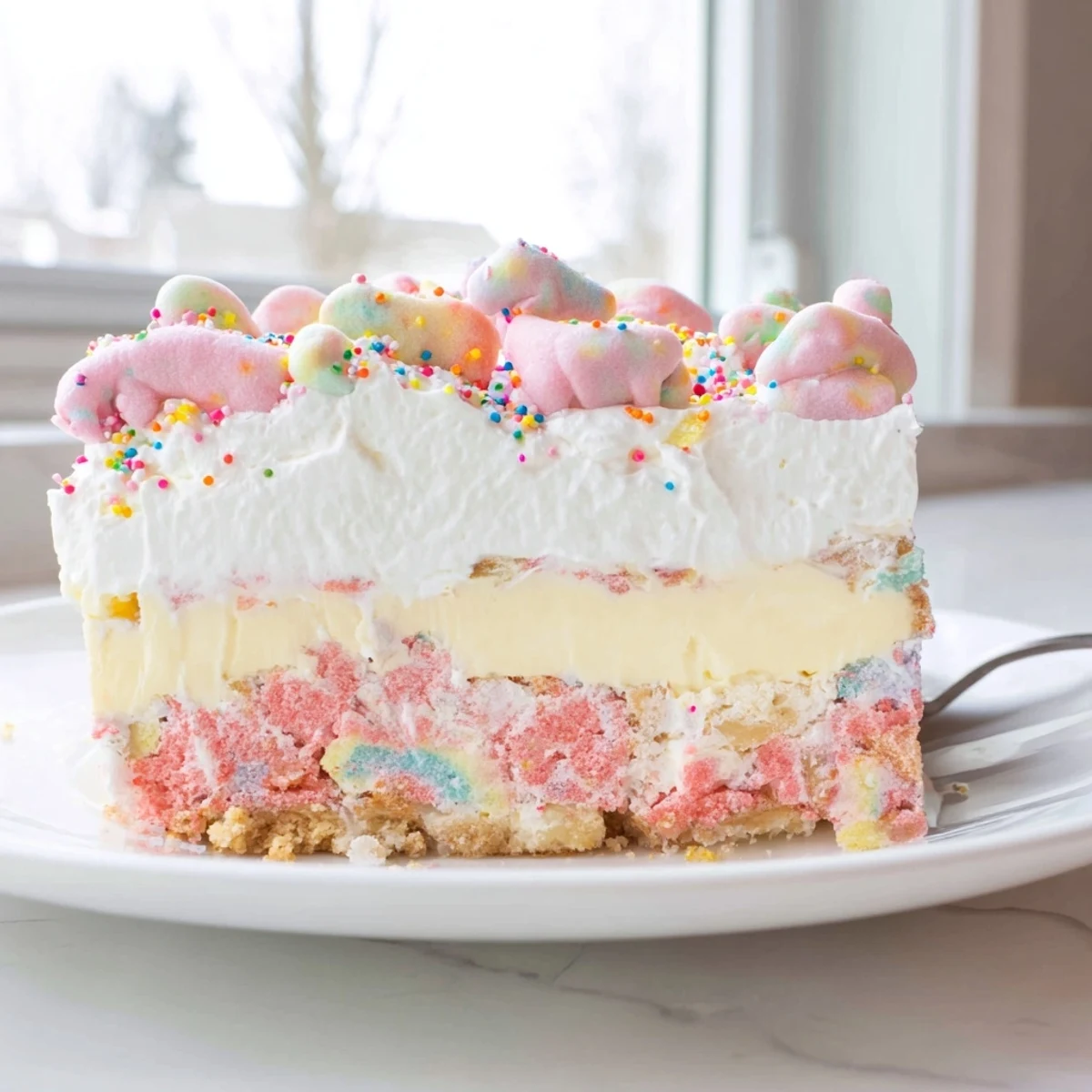 Circus animal cookie lush topped with pink and white cookies, sprinkles, and fluffy whipped cream