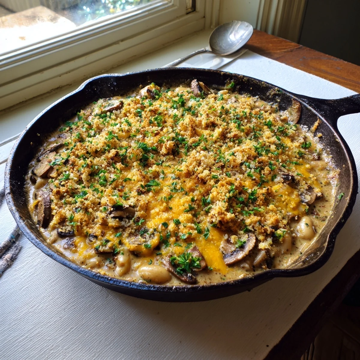 Creamy spiced white beans with mushrooms baked under a golden cheddar herb crust
