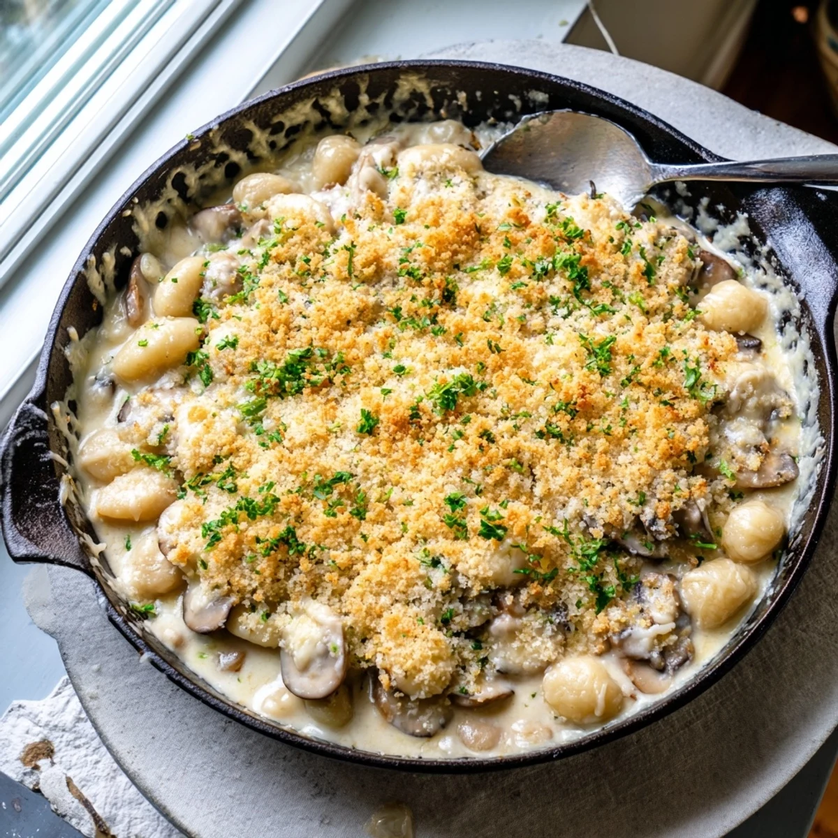 Tender white beans and earthy mushrooms swim in a smoky cream sauce with bubbling cheddar