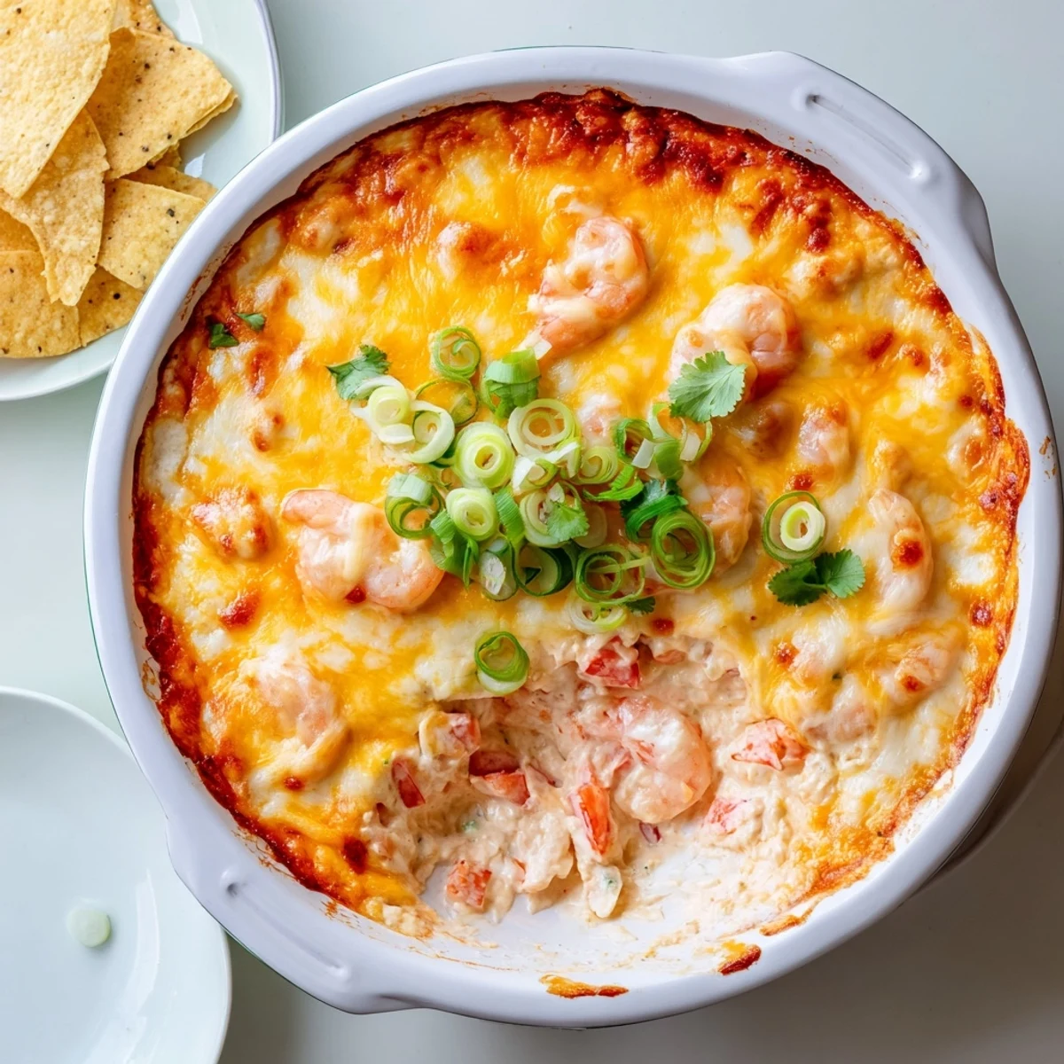 Creamy extra cheesy bang bang shrimp dip bubbling golden in a cast iron skillet