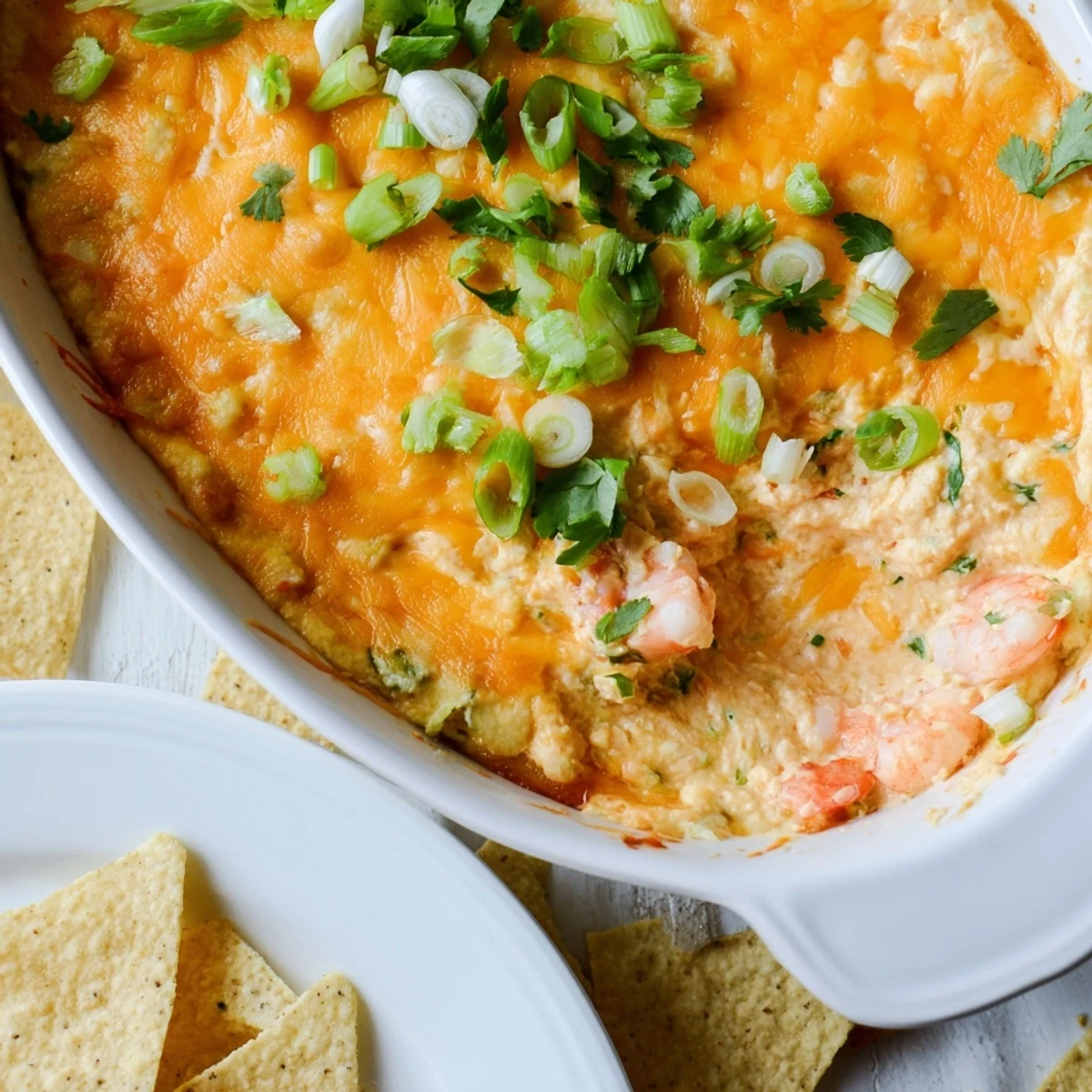 Spoonful of extra cheesy bang bang shrimp dip topped with fresh green onions