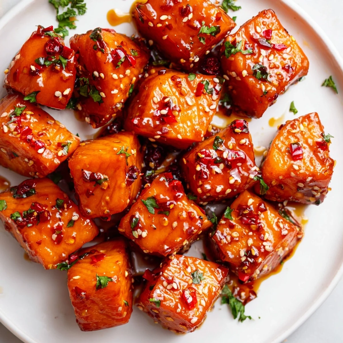 Caramelized hot honey salmon bites glistening with a sweet and spicy glaze
