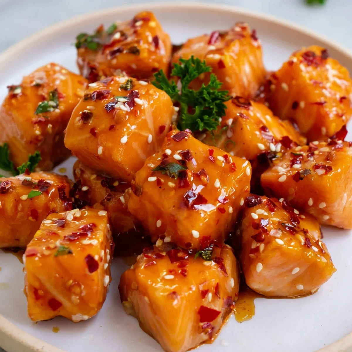 Golden salmon bites drizzled with sticky hot honey sauce on a rustic plate
