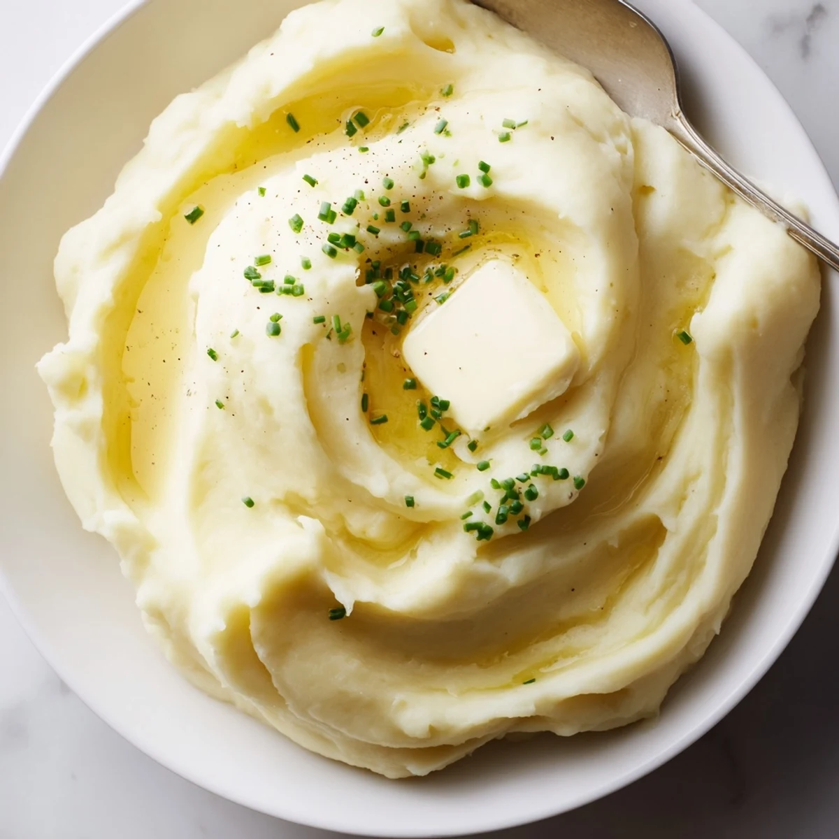 Creamy velvety mashed potatoes piled high in a bowl with melted butter pooling on top
