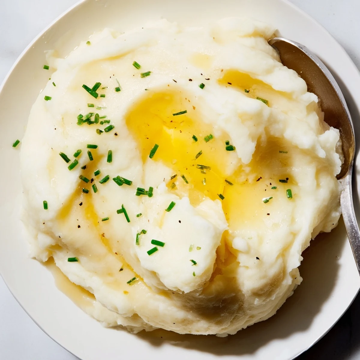 A heaping spoonful of velvety mashed potatoes alongside roasted meat and fresh green beans