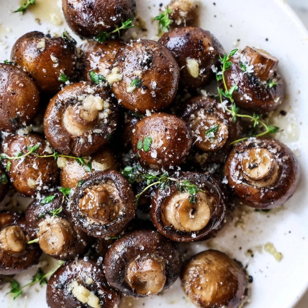 Golden sautéed grilled garlic mushrooms glistening with olive oil and fresh herbs