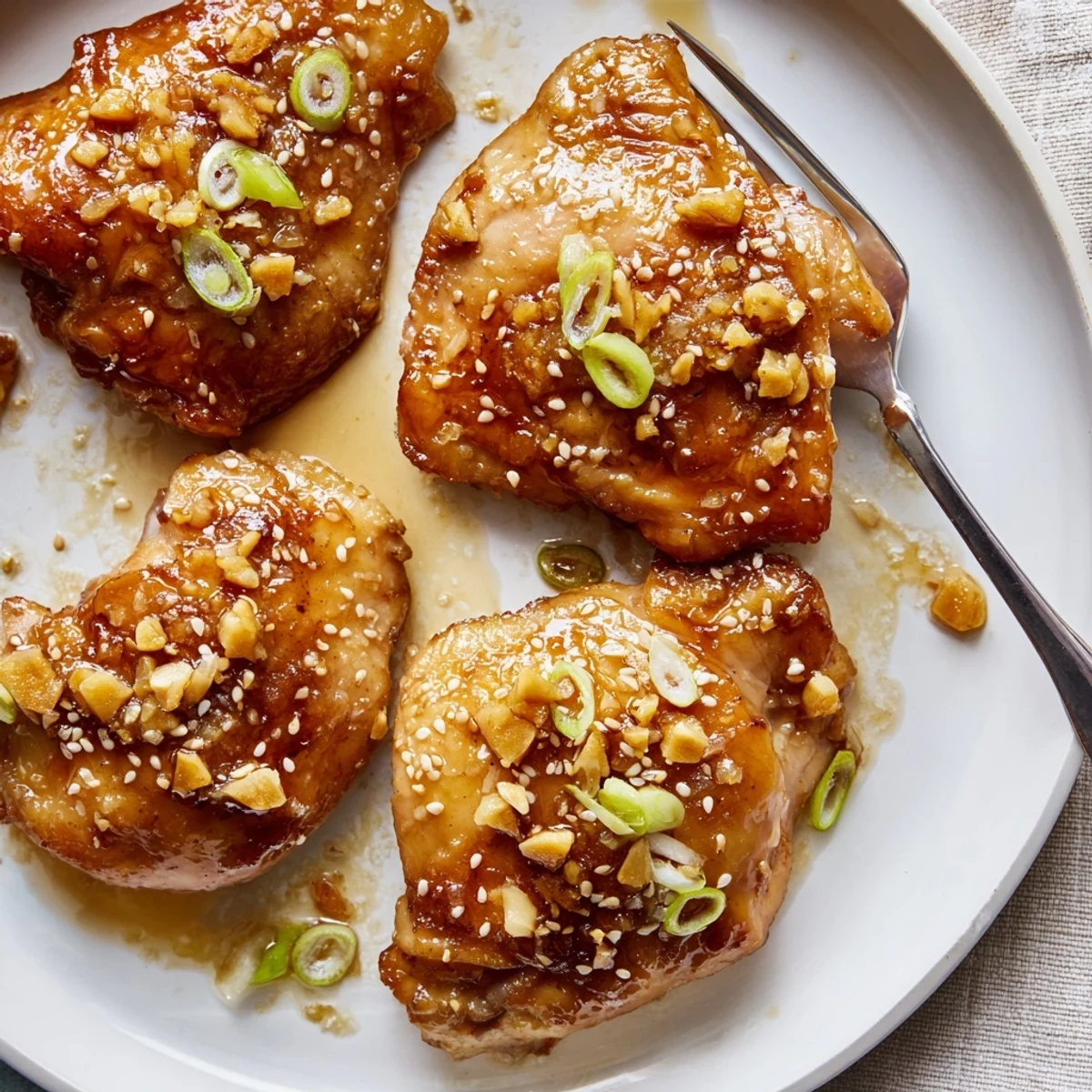 Golden ginger garlic chicken thighs bake with crispy skin and caramelized edges