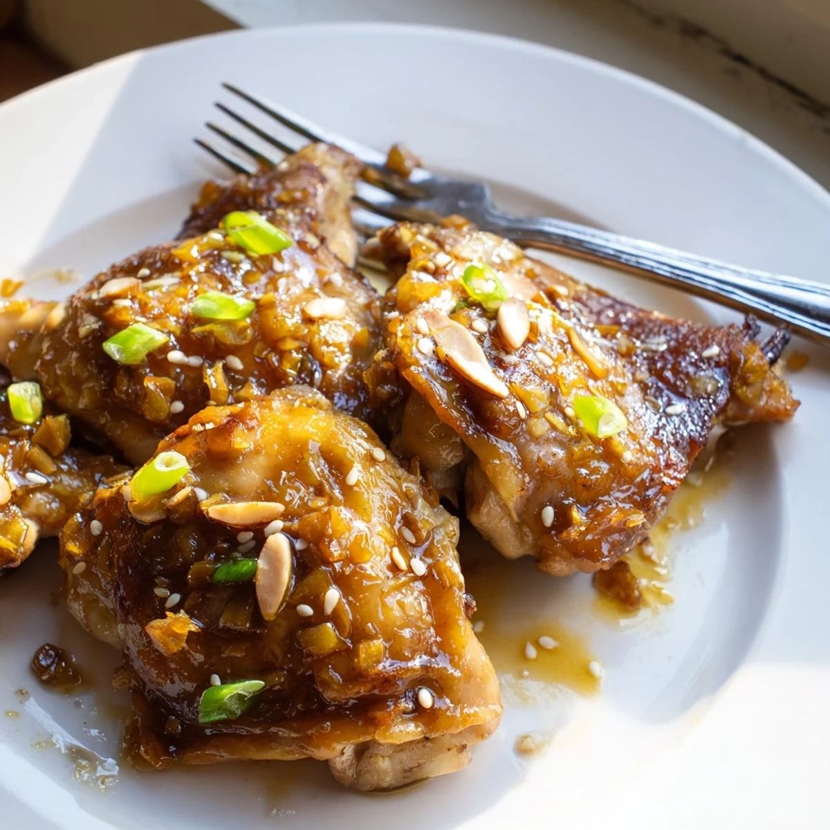 Juicy baked ginger garlic chicken thighs glistening with sticky honey soy glaze