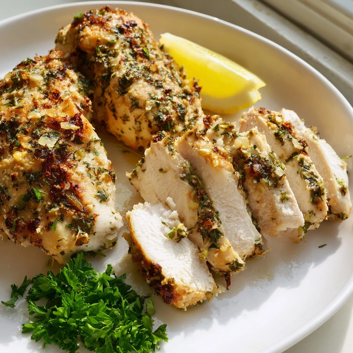 Juicy savory garlic herb chicken topped with minced garlic rosemary and thyme