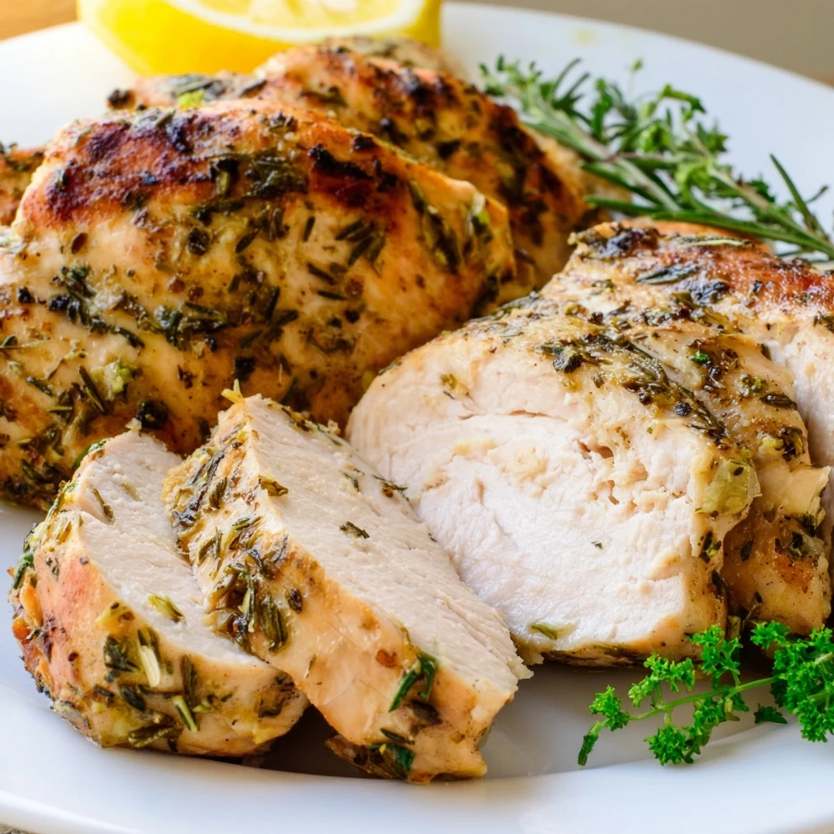 Golden savory garlic herb chicken garnished with fresh parsley and bright lemon wedges