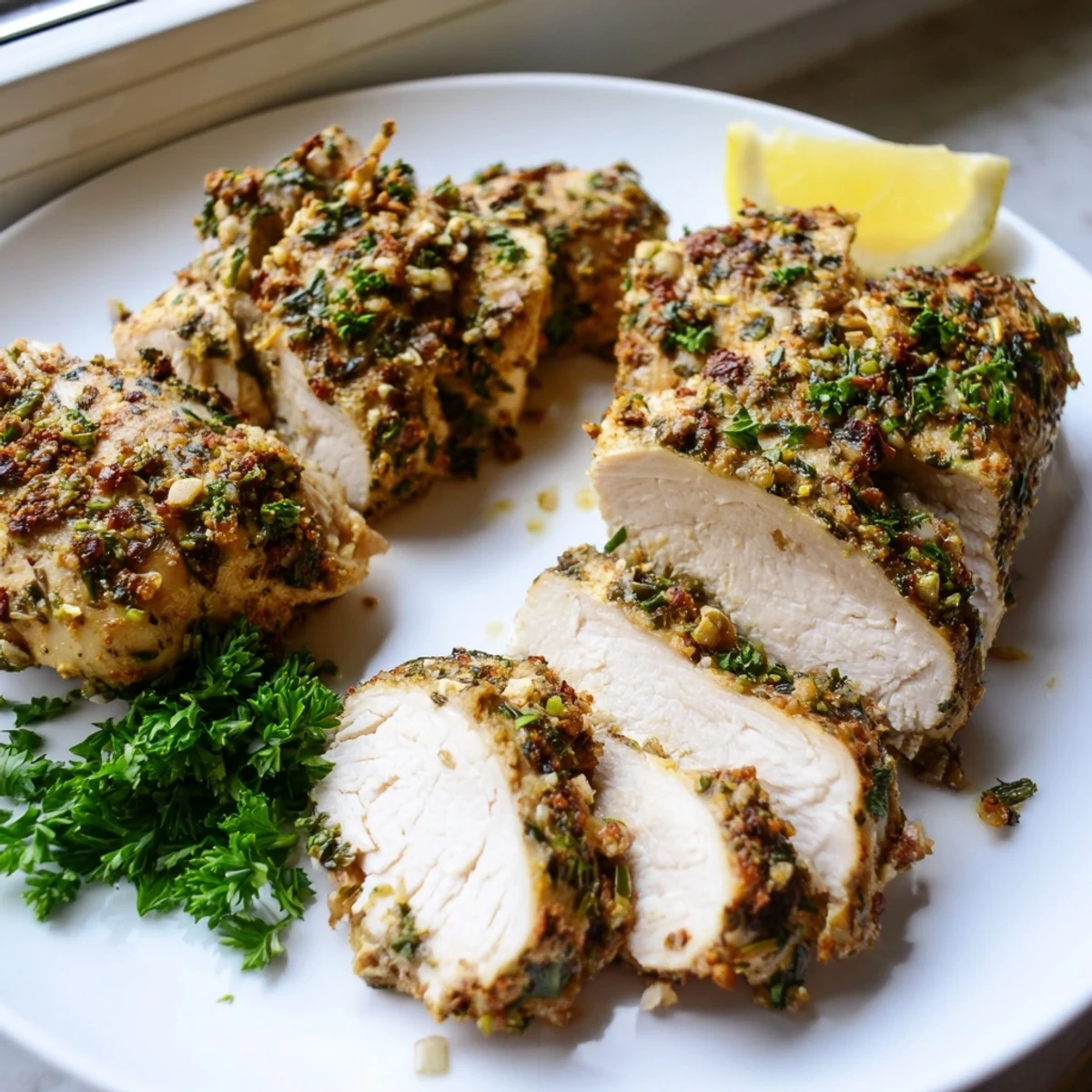 Tender savory garlic herb chicken breast resting on a white serving platter