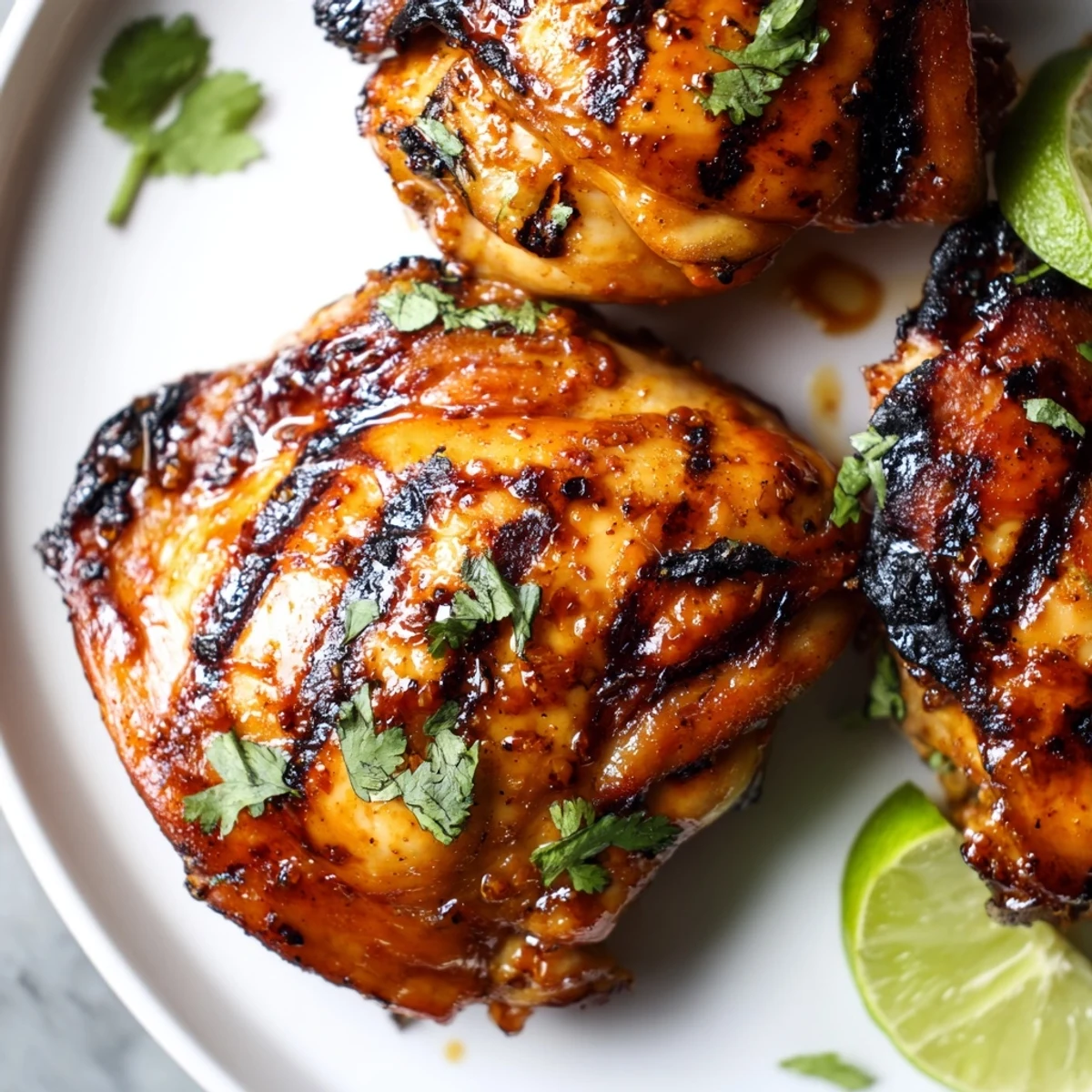 Charred sweet and spicy grilled chicken thighs with glossy honey glaze on a smoky grill