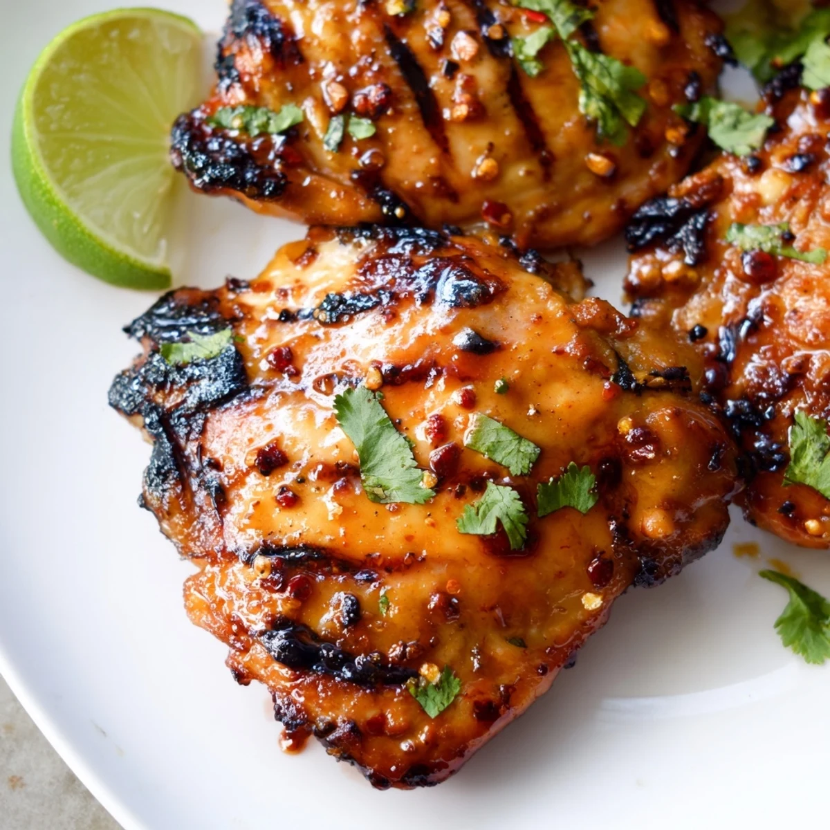 Crispy-skinned sweet and spicy grilled chicken thighs garnished with fresh cilantro and lime wedges