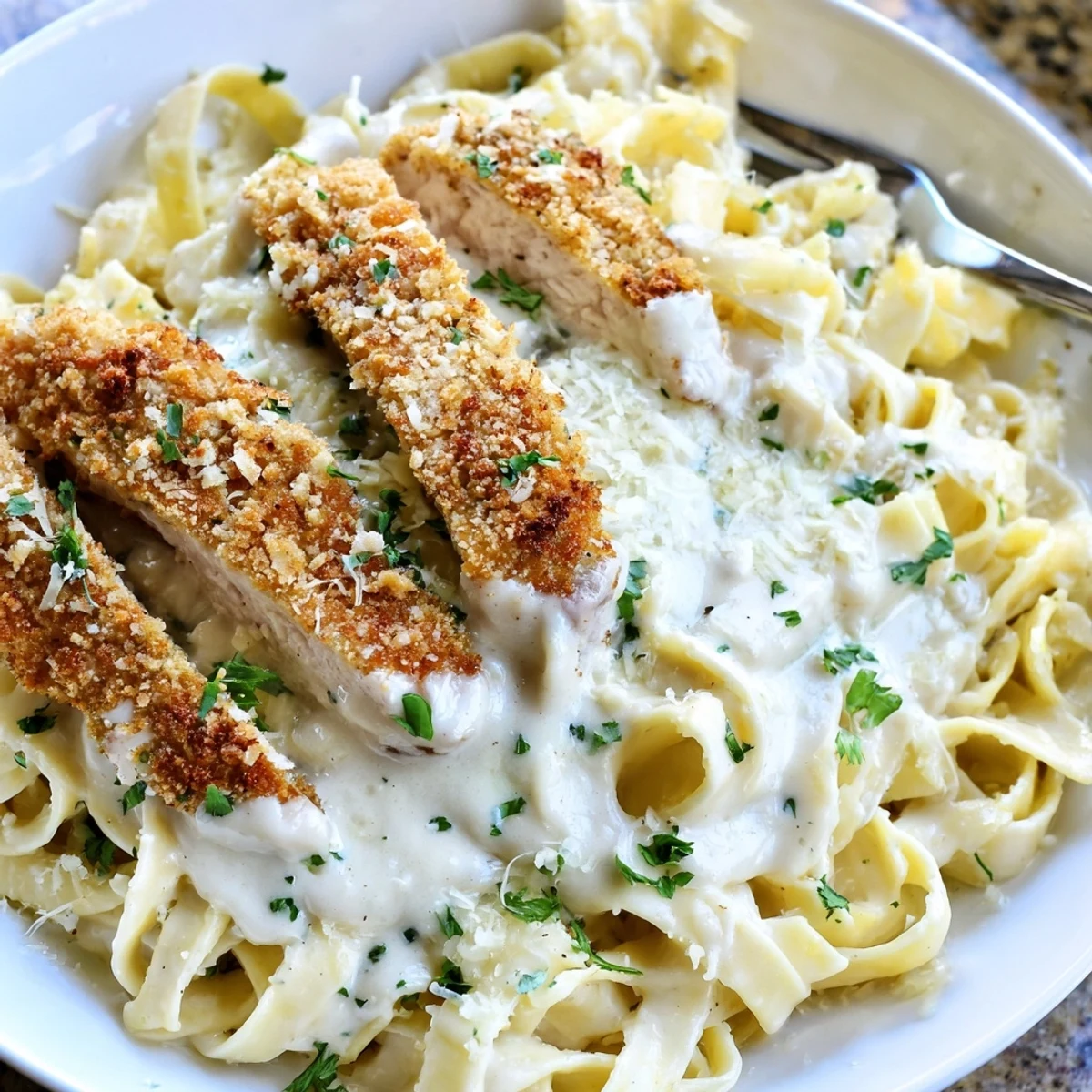 Crispy Chicken Alfredo piled high on creamy fettuccine with golden Parmesan crust