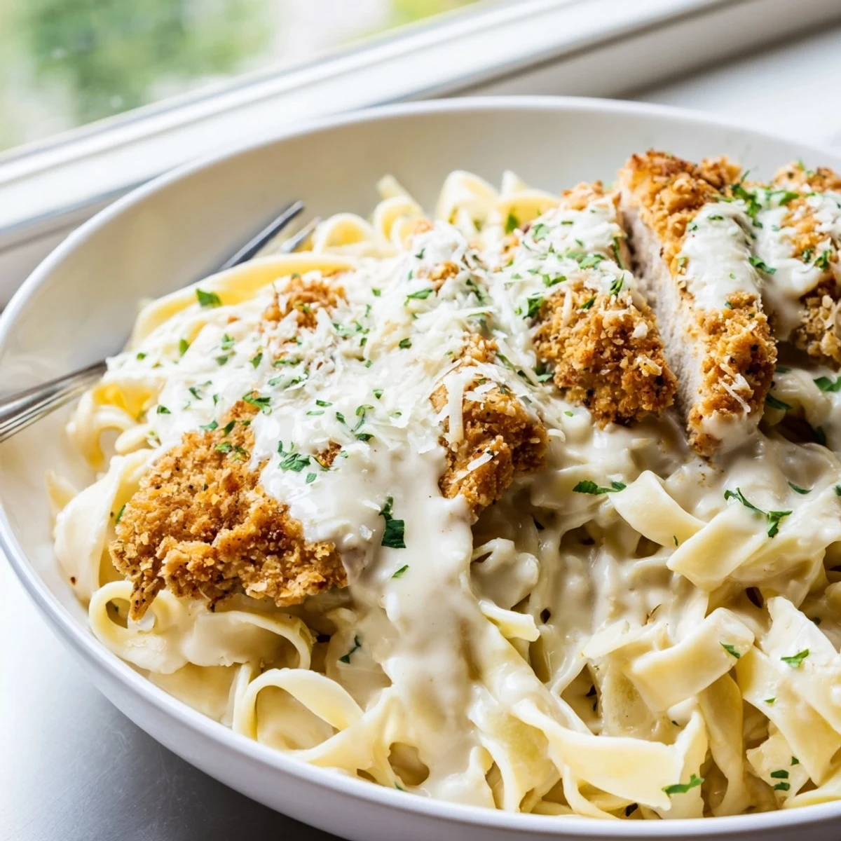 Steaming bowl of Crispy Chicken Alfredo garnished with fresh parsley and Parmesan