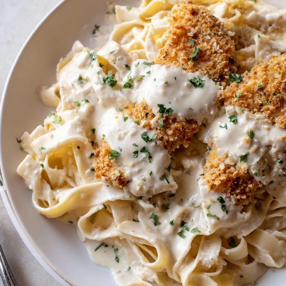 Golden pan-fried chicken cutlets rest atop creamy Crispy Chicken Alfredo pasta